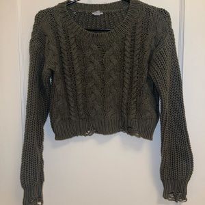 Garage green cropped cable knit distressed sweater